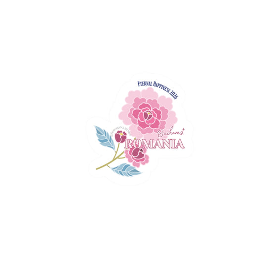 colorful sticker with the image of a pink peony and the text eternal happiness 2026 and romania on a white background