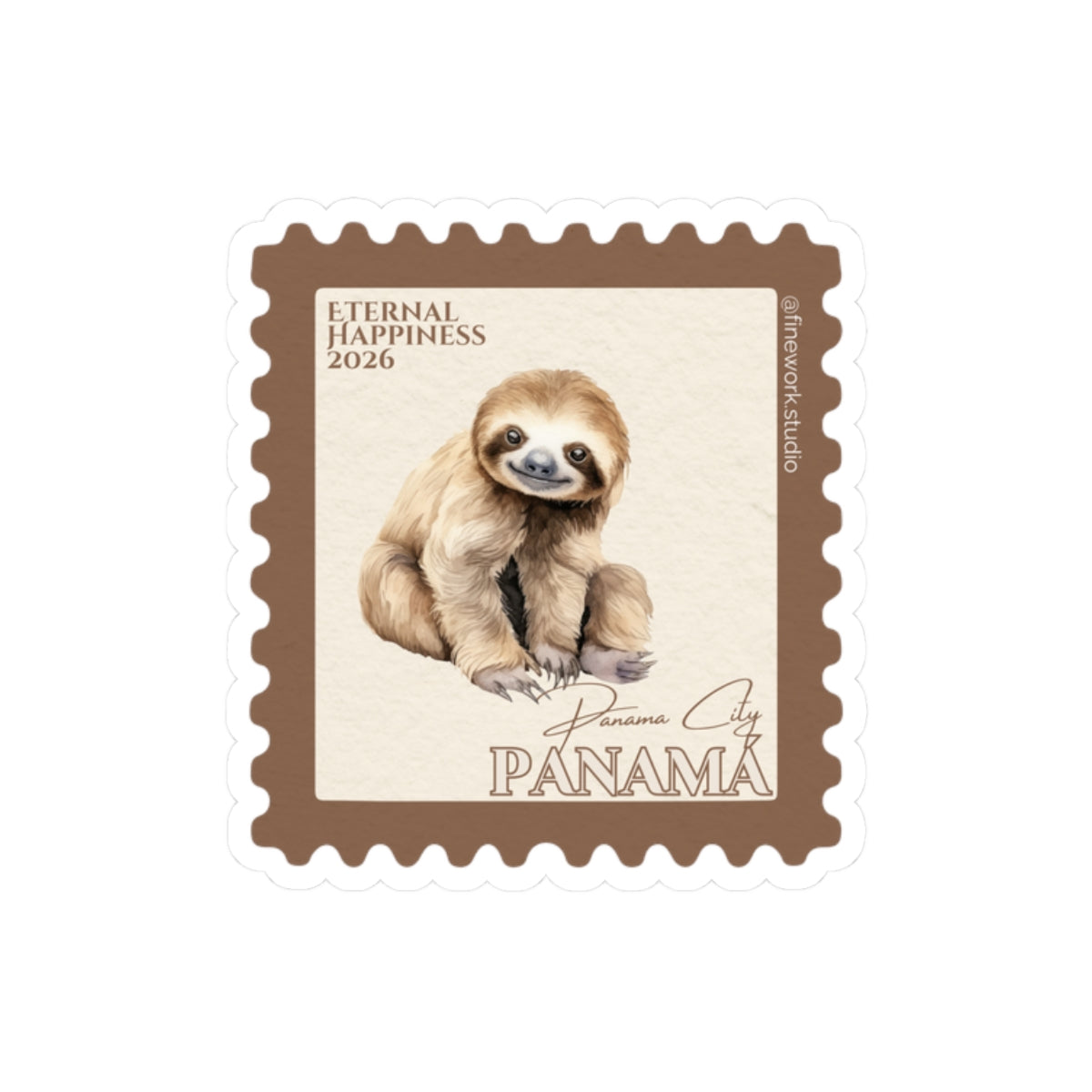 Stylized postage stamp with a sloth and text that says Eternal Happiness 2026 and panama on a white background