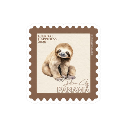 Stylized postage stamp with a sloth and text that says Eternal Happiness 2026 and panama on a white background
