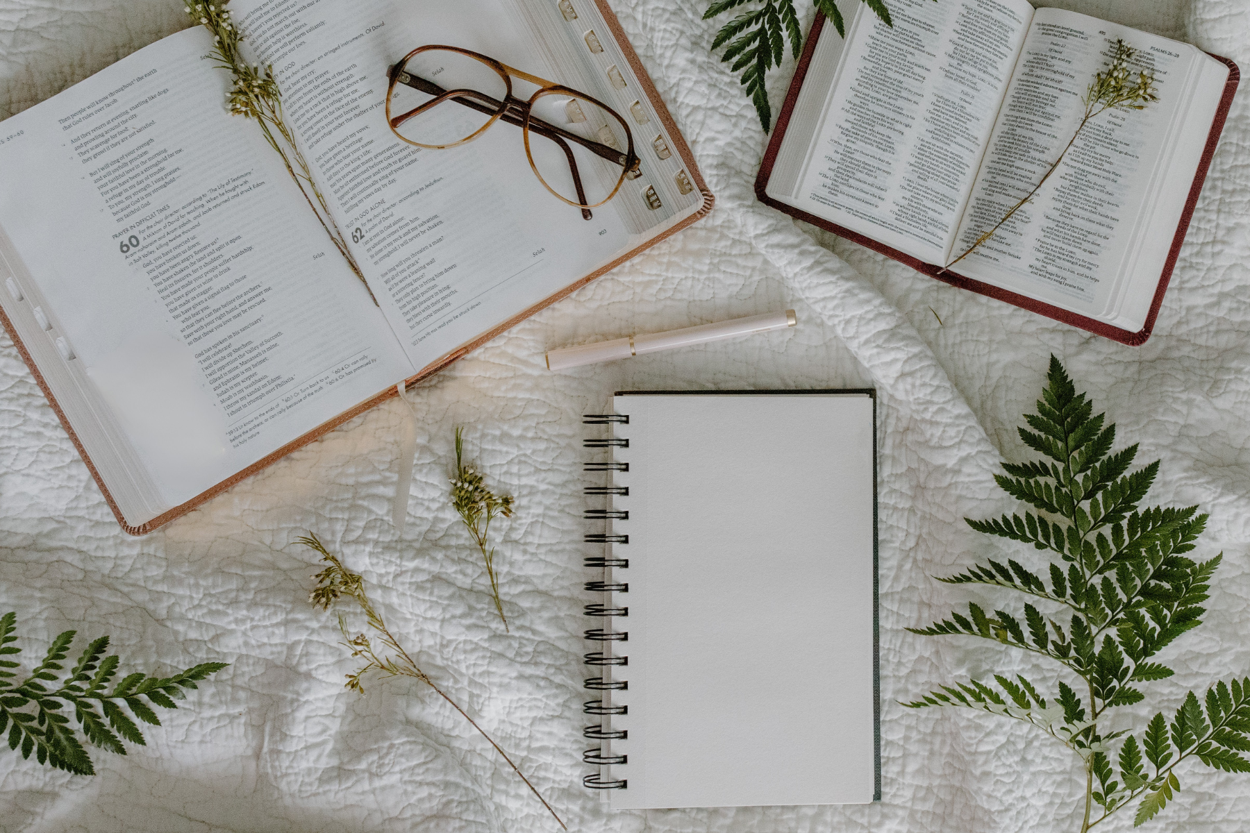 Open bibles and a notebook on a blanket with green leaves