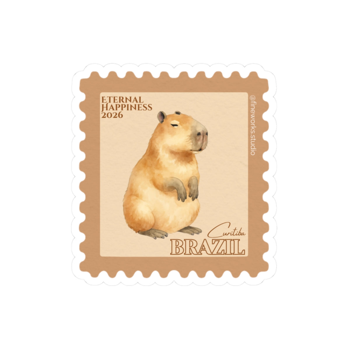 Stylized stamp with a capybara illustration and 'Eternal Happiness 2026' and Brazil text on a beige background