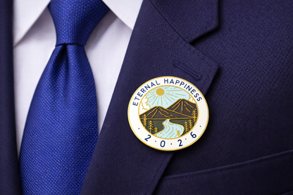 Pin with 'Eternal Happiness 2023' design on a suit jacket