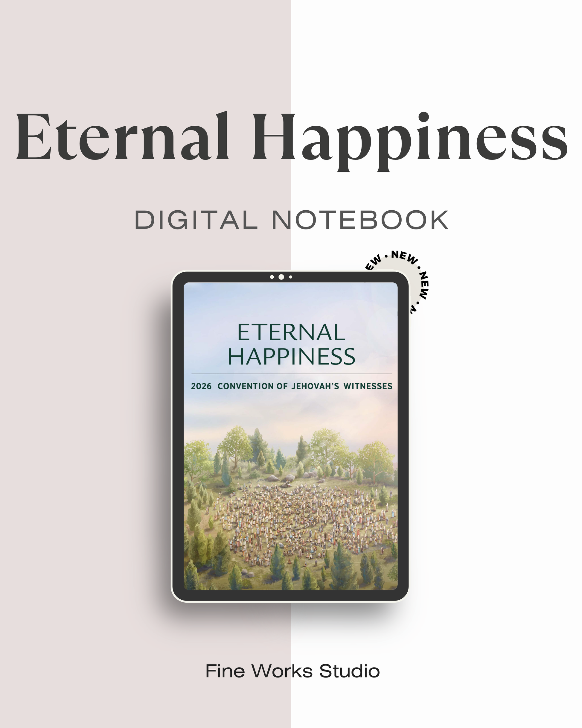 Digital notebook titled 'Eternal Happiness' by Fine Works Studio on a white background