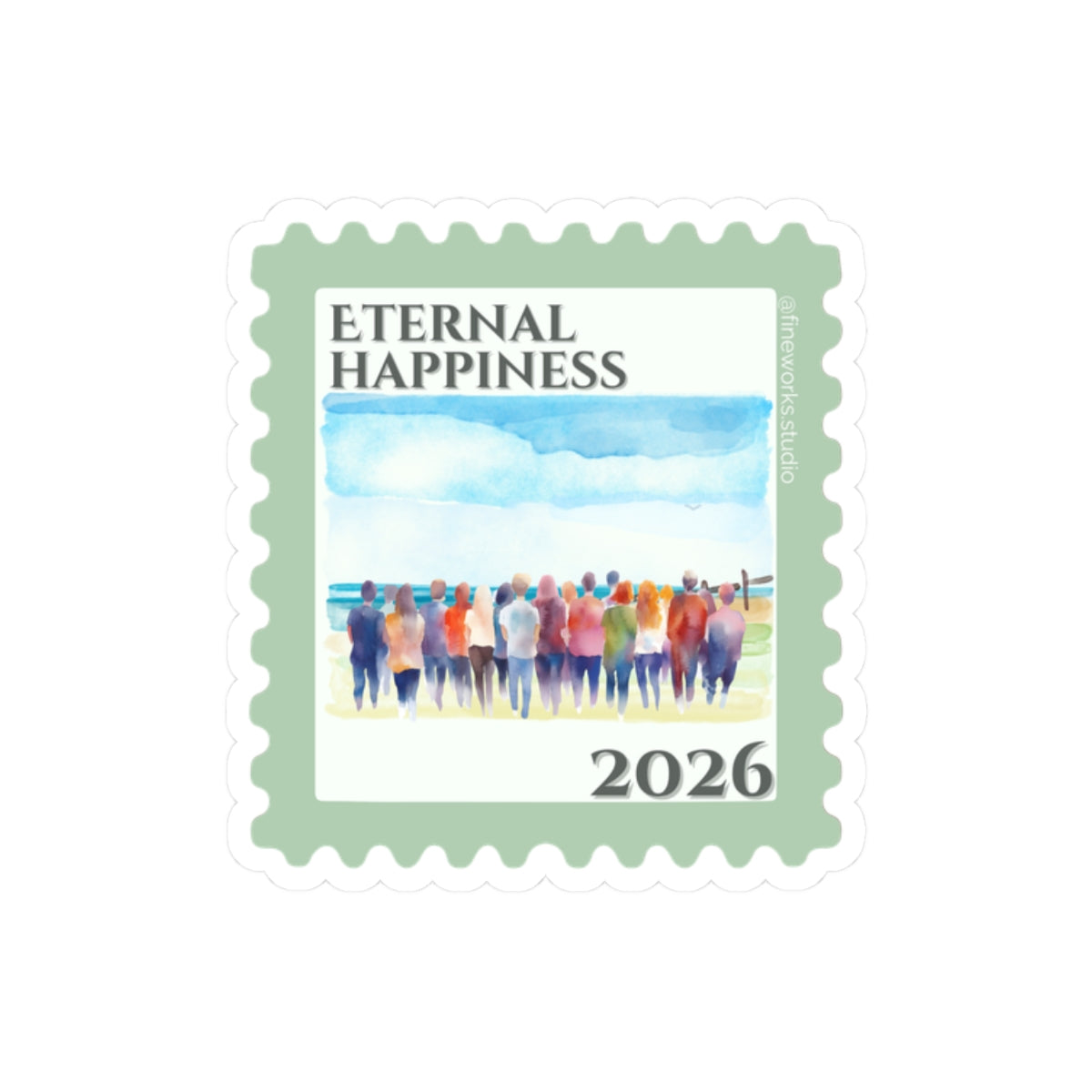 Stylized stamp saying 'Eternal Happiness 2026' 