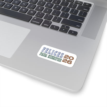 Laptop with a sticker reading 'Felices para siempre 2026' on a white background
