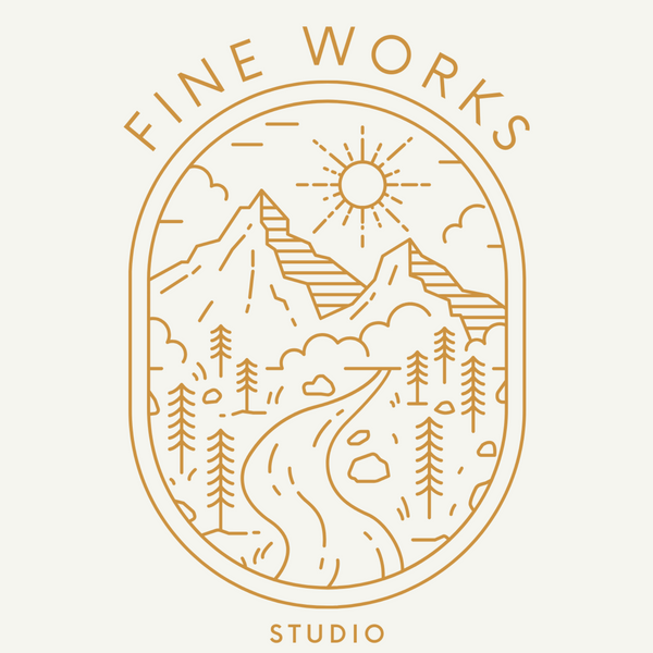 Logo of 'Fine Works Studio' with mountain and nature design on a beige background