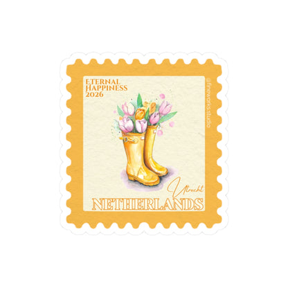 decorative sticker stylized in a stamp featuring a design of boots and tulips with the text netherlands and eternal happiness 2026 on a white background.