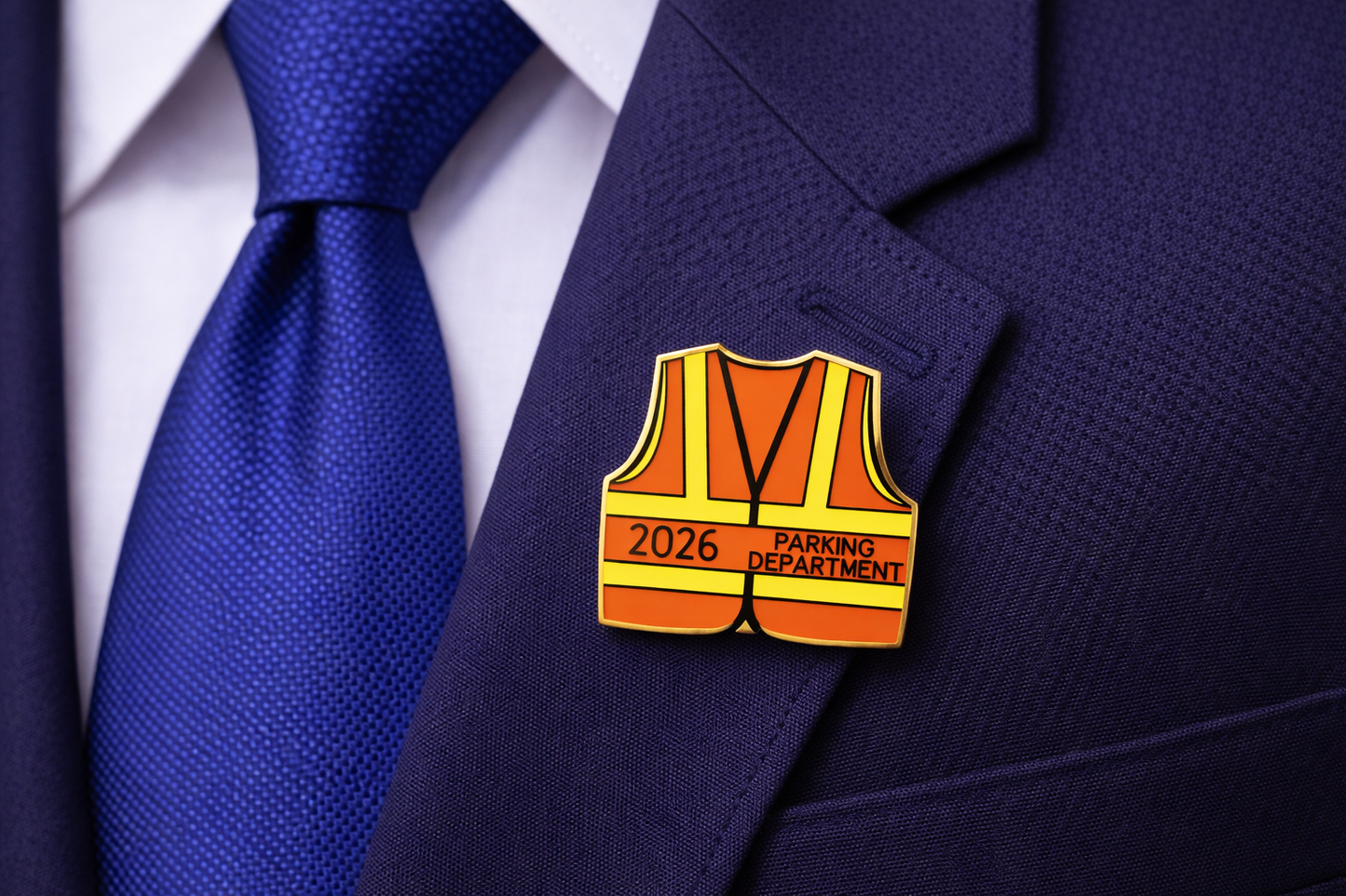 Pin on a suit lapel resembling a parking department safety vest with '2026' and 'Parking Department' text.