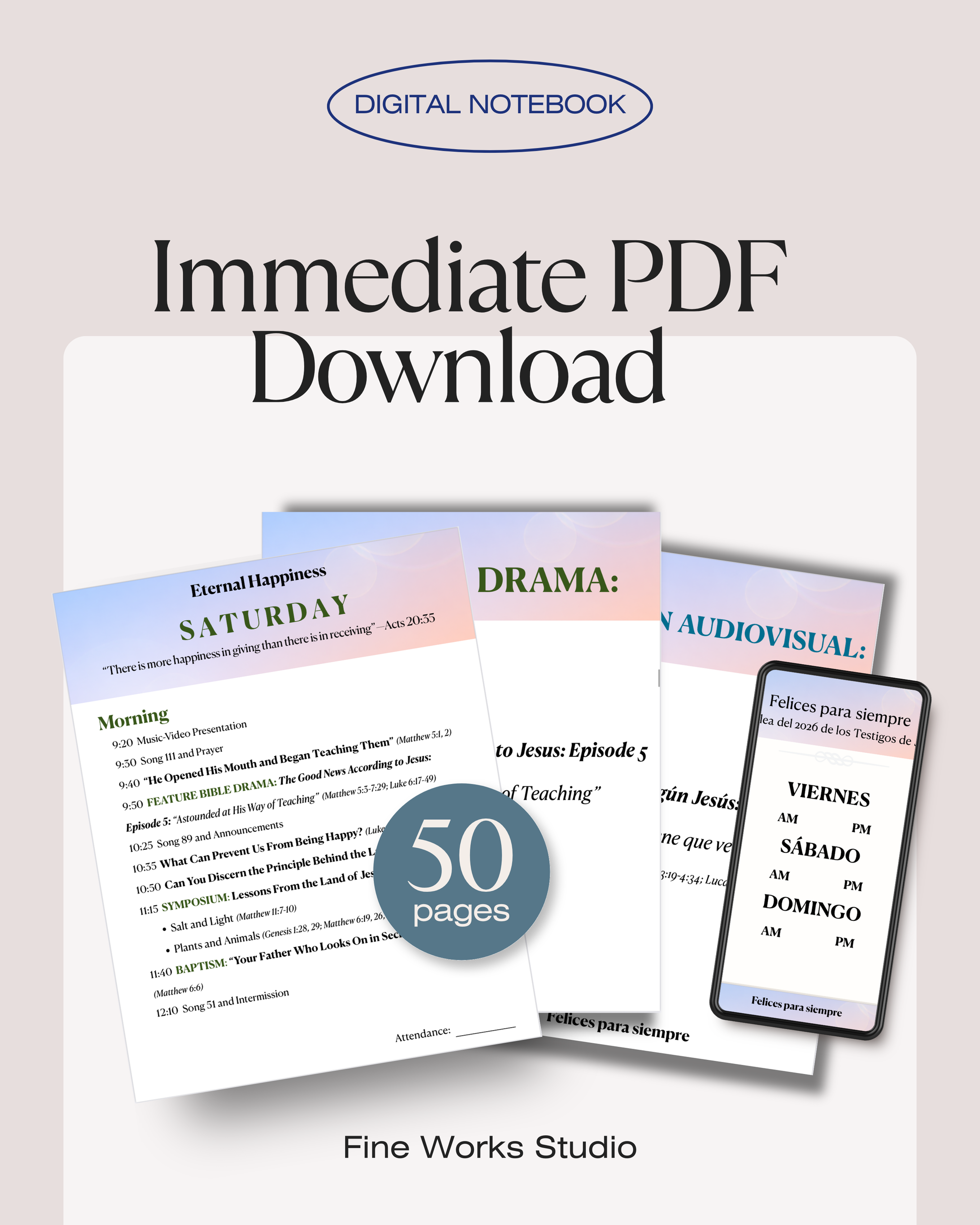 Digital notebook with sample pages and text, featuring 'Immediate PDF Download' and '50 pages' on a light pink background.