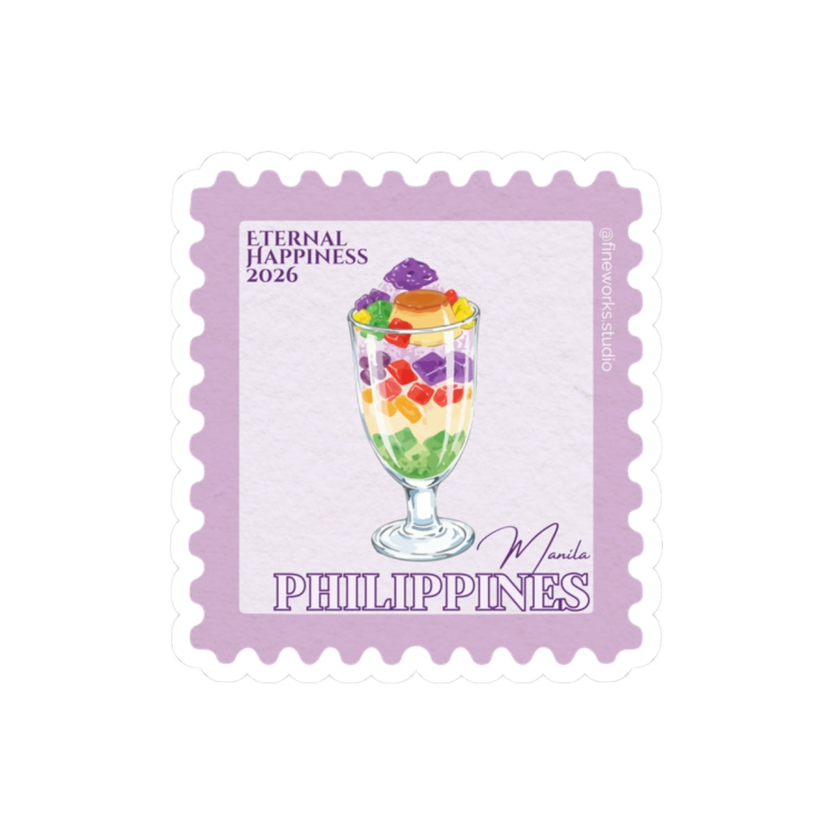 Stylized postage stamp with a halohalo illustration and 'Philippines' and Eternal Happiness text on a white background.