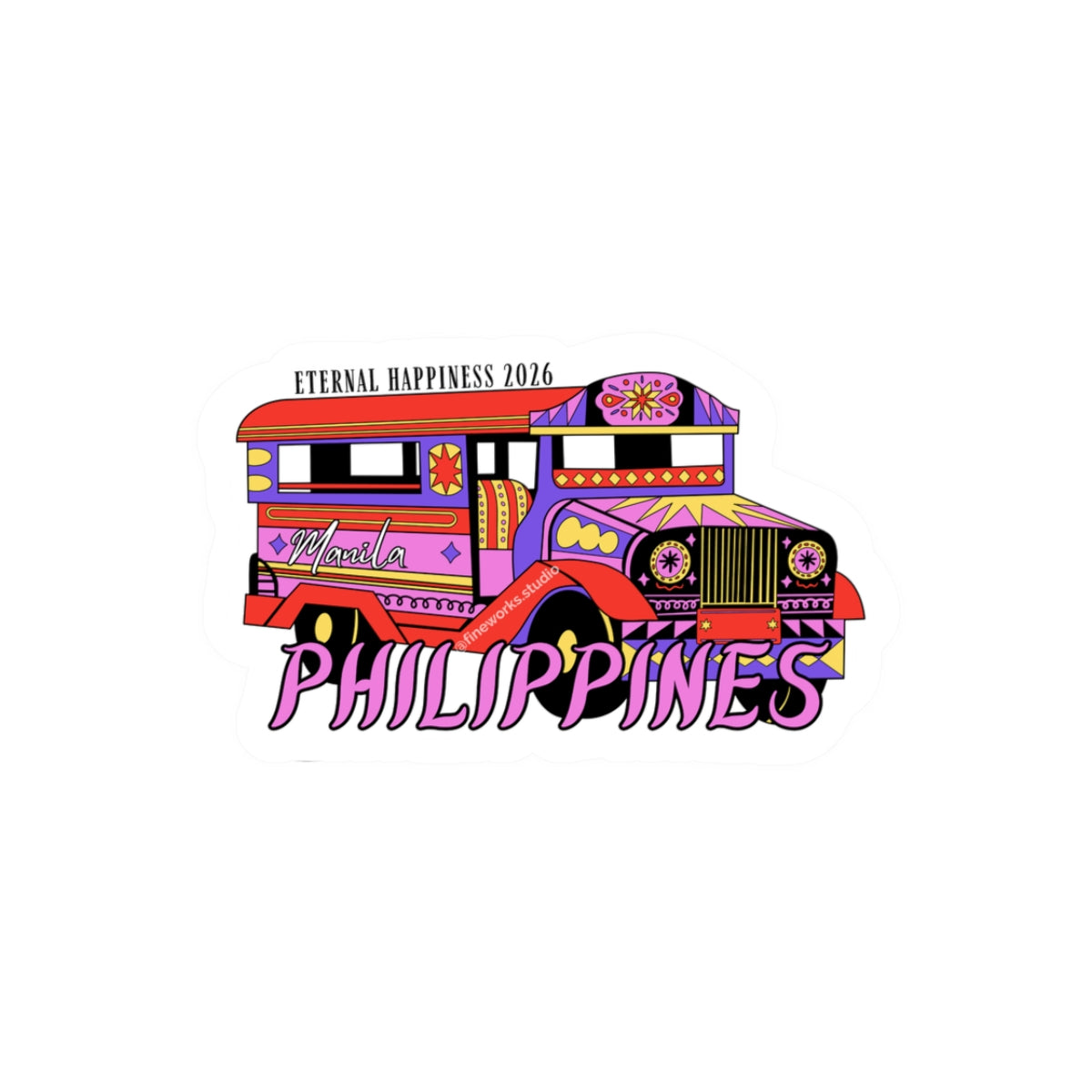 Sticker of a colorful bus with 'Philippines' and eternal happiness 2026 text on a white background