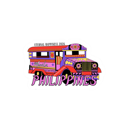 Sticker of a colorful bus with 'Philippines' and eternal happiness 2026 text on a white background