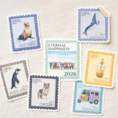 Collection of stamp stickers for international conventions with various designs and text on a light background