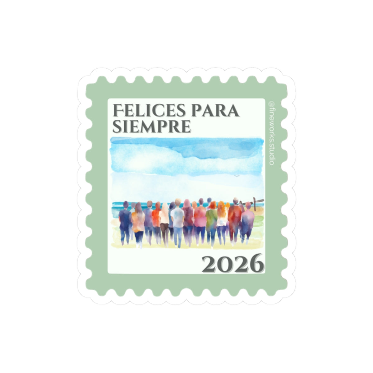 Stylized stamp with a group of people and 'Felices Para Siempre' text on a white background