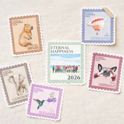 Collection of colorful stamps for international conventions with various designs and text on a light background
