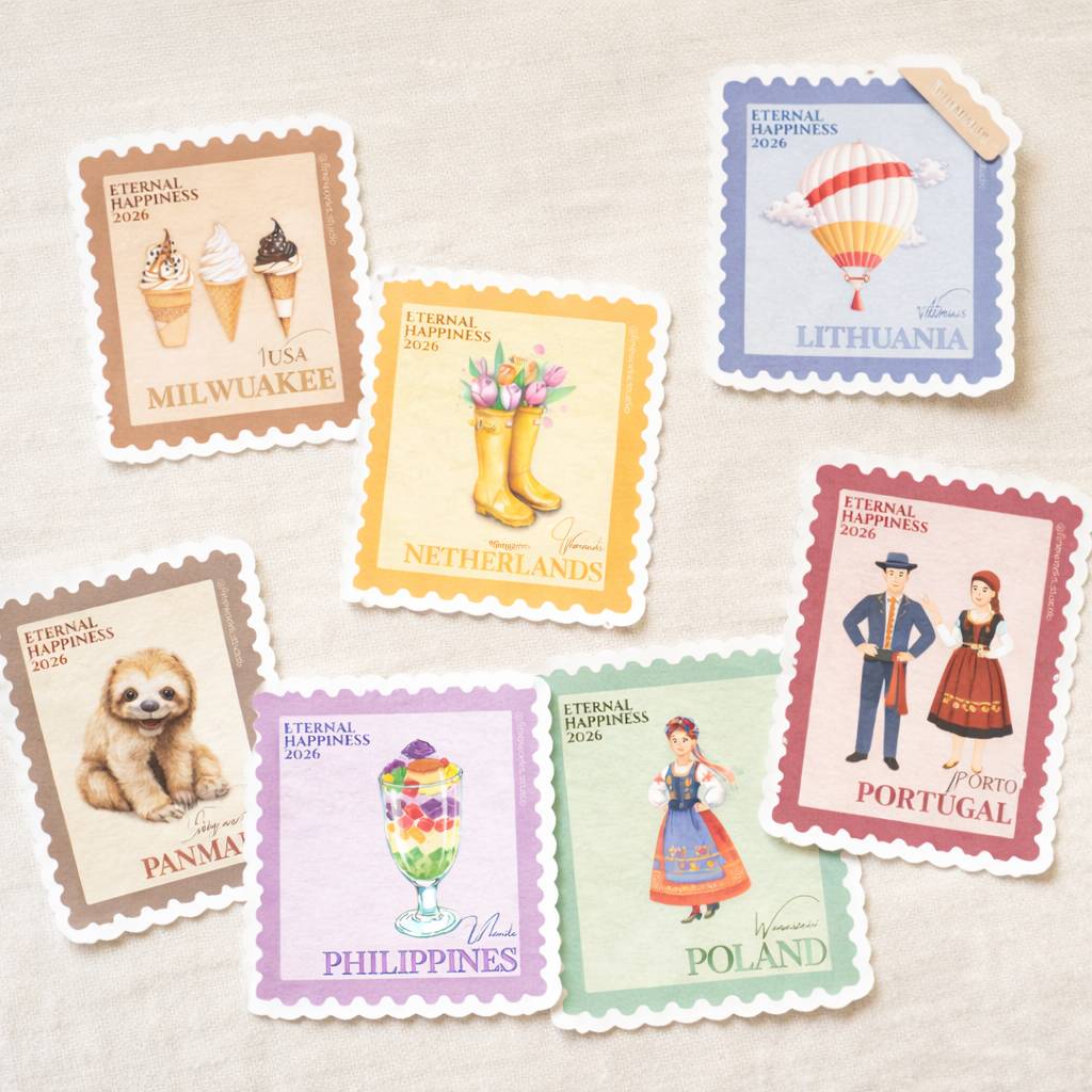 Collection of colorful postage stamps stickers for the international conventions from various countries on a beige background