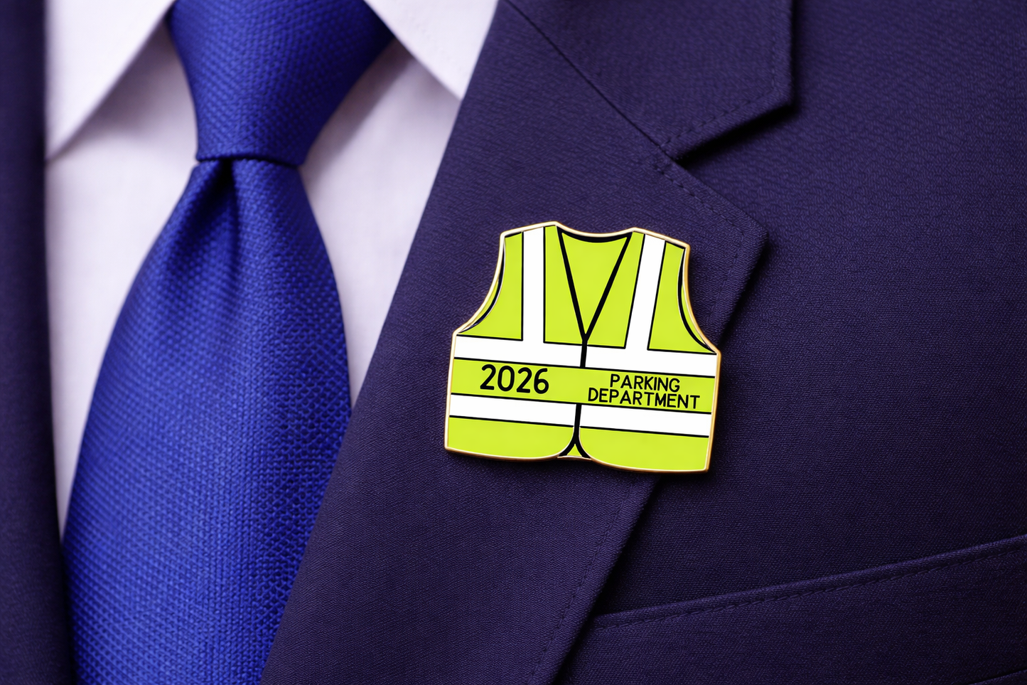 Yellow parking department vest pin on a suit jacket with a blue tie