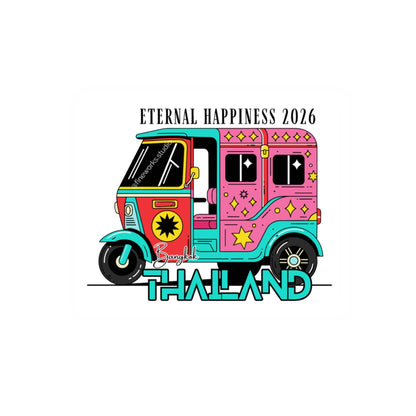 Colorful tuk-tuk illustration with 'Eternal Happiness 2026' and 'THAILAND' text on a white background