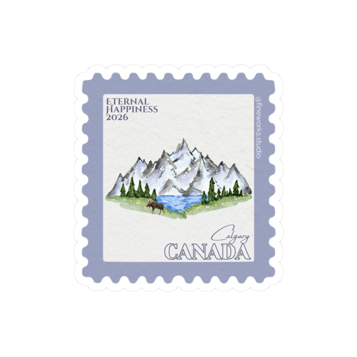 Canada postage stamp design with mountains and a moose, featuring the text 'Eternal Happiness 2026' and 'Canada'.