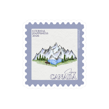 Canada postage stamp design with mountains and a moose, featuring the text 'Eternal Happiness 2026' and 'Canada'.