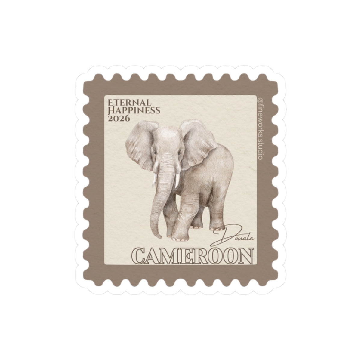 Stylized postage stamp with an elephant design and 'Cameroon' and Eternal Happiness 2026 text on a white background