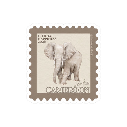 Stylized postage stamp with an elephant design and 'Cameroon' and Eternal Happiness 2026 text on a white background