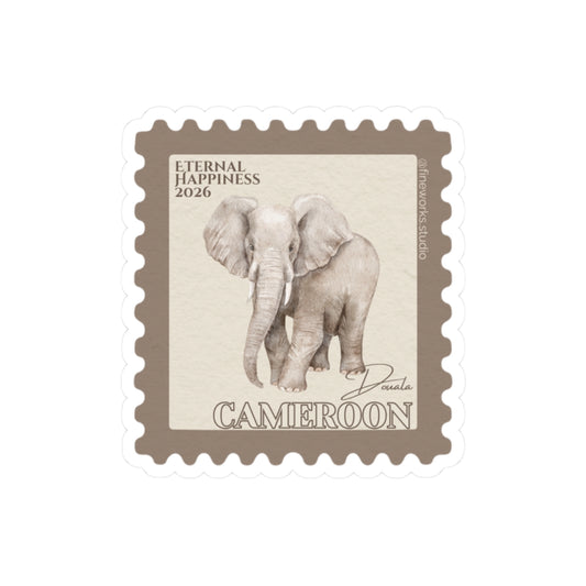 Stylized postage stamp with an elephant design and 'Cameroon' and Eternal Happiness 2026 text on a white background
