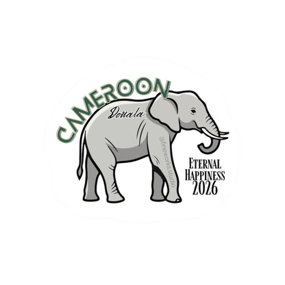 sticker of an elephant and cameroon and eternal happiness 2026 text on a white background
