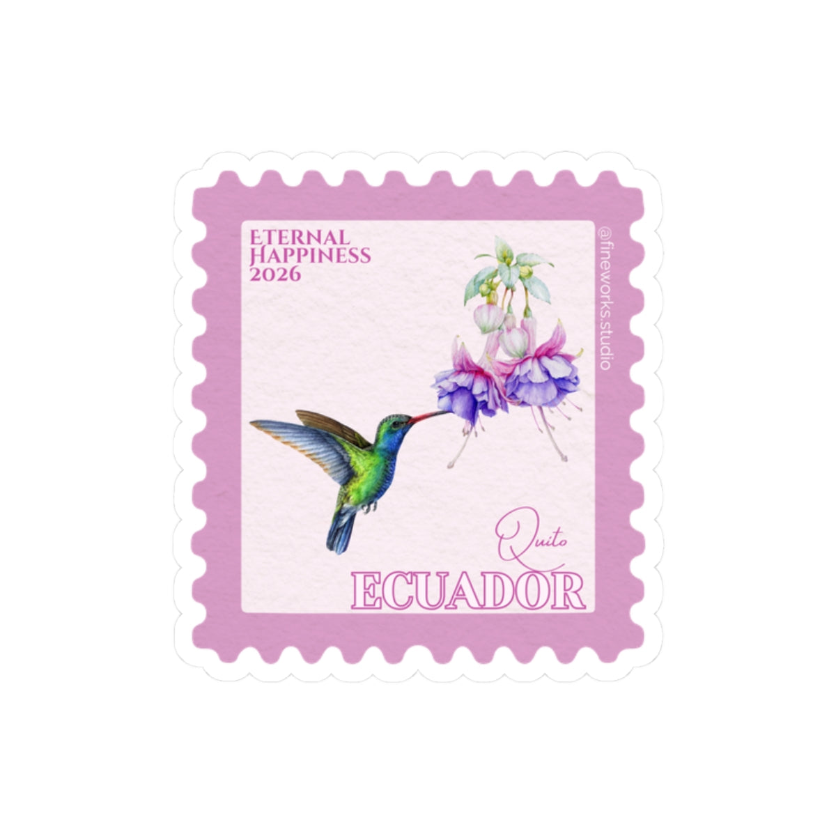 Stylized postage stamp with a hummingbird and flowers, labeled 'Ecuador' and eternal happiness 2026 on a white background.