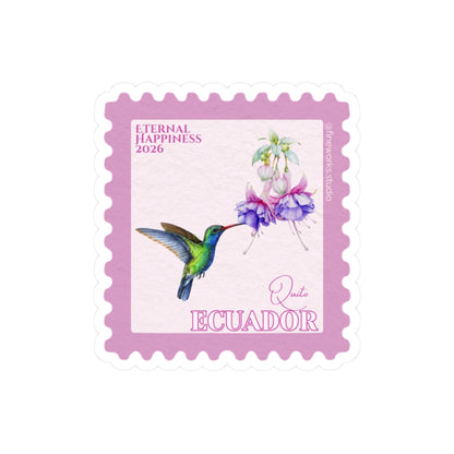 Stylized postage stamp with a hummingbird and flowers, labeled 'Ecuador' and eternal happiness 2026 on a white background.