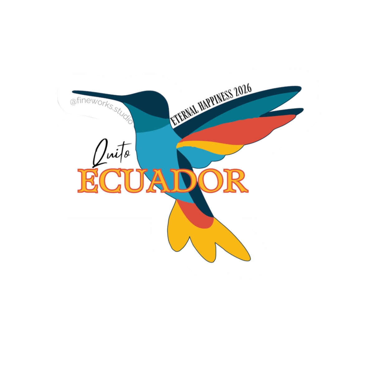 colorful sticker featuring a bird and 'Ecuador' and eternal happiness  text on a white background
