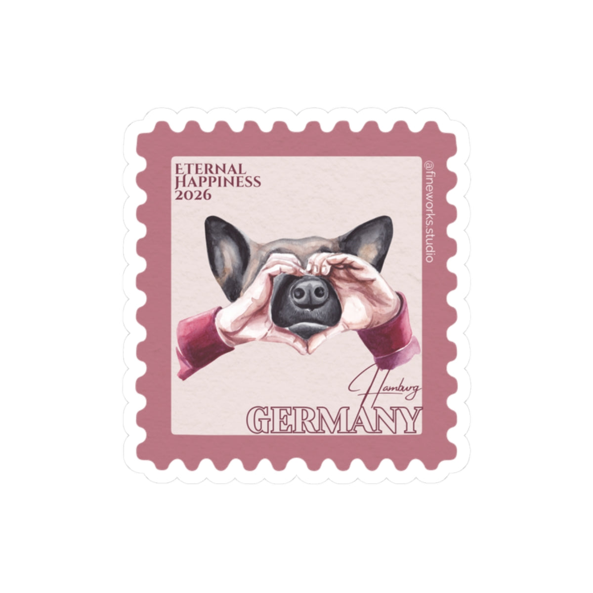 Stylized postage stamp design with a dog and hands forming a heart, labeled 'Eternal Happiness 2026' and 'Germany'.
