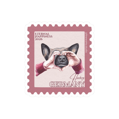 Stylized postage stamp design with a dog and hands forming a heart, labeled 'Eternal Happiness 2026' and 'Germany'.