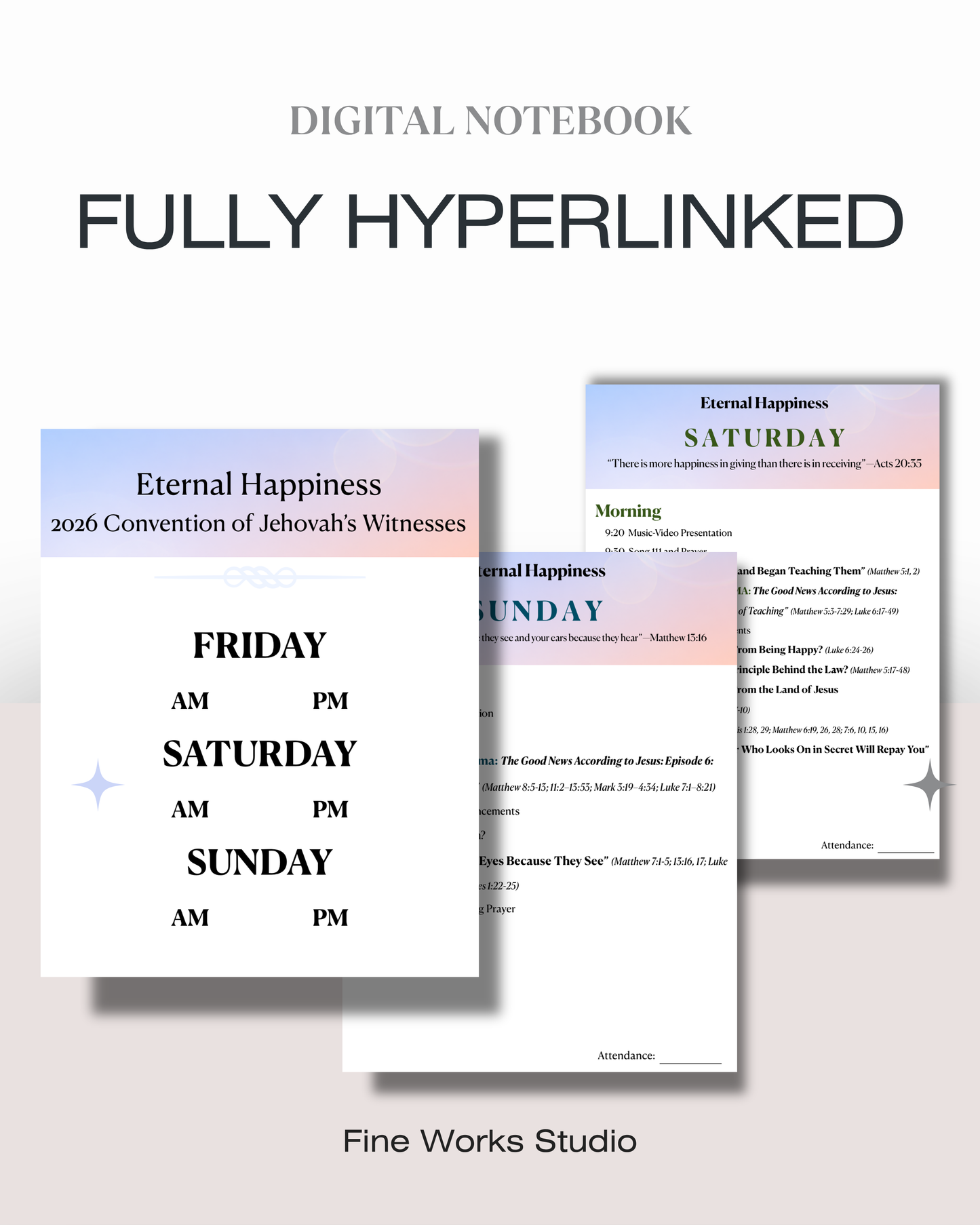 Digital notebook with hyperlinked pages on a white background, featuring 'Eternal Happiness' and 'Fine Works Studio'.