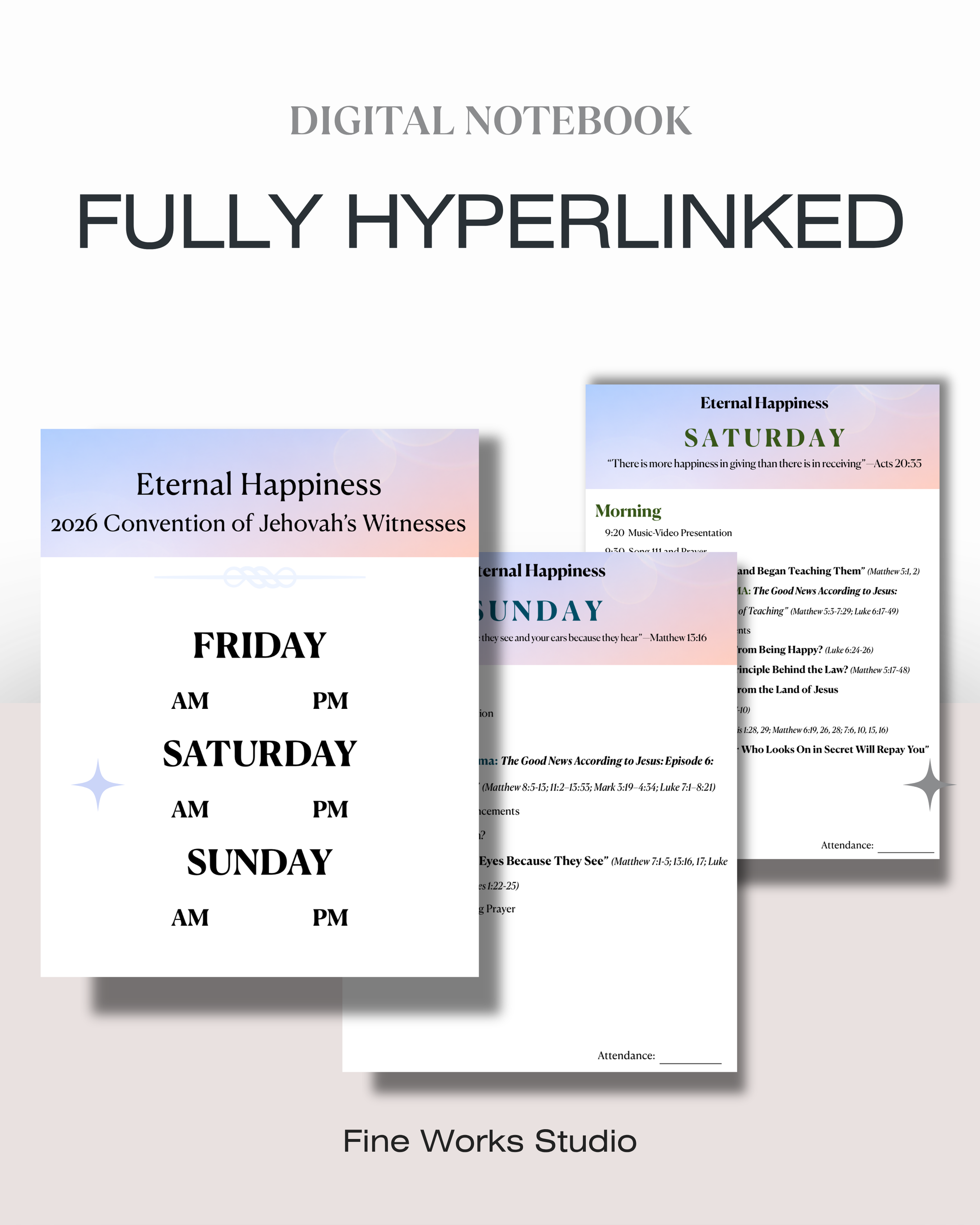 Digital notebook with hyperlinked pages on a white background, featuring 'Eternal Happiness' and 'Fine Works Studio'.