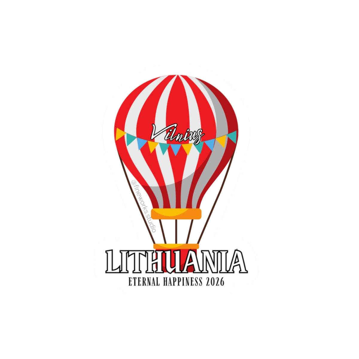 Red and white striped hot air balloon with Lithuania and eternal happiness text on a white background