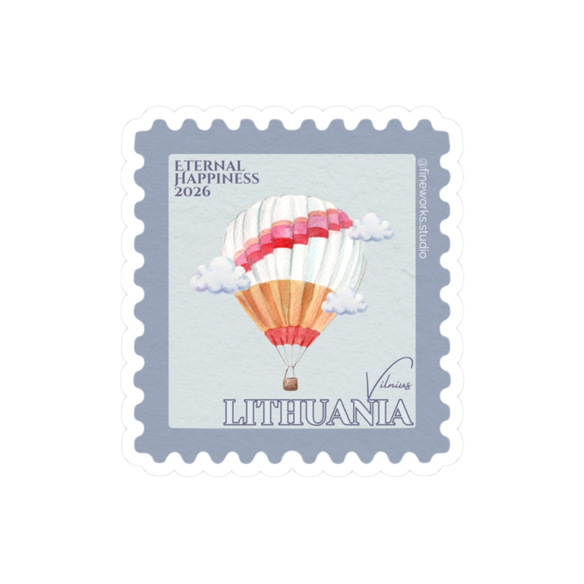 a decorative sticker resembling a postage stamp with the design of a hot air balloon with the text lithuania and eternal happiness 2026 