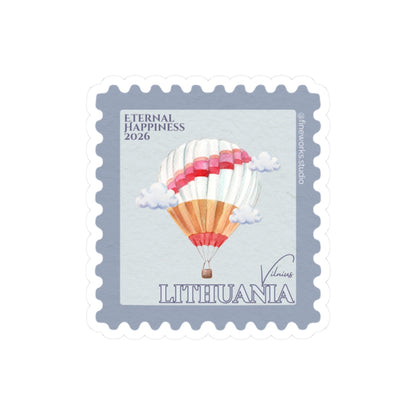 a decorative sticker resembling a postage stamp with the design of a hot air balloon with the text lithuania and eternal happiness 2026 
