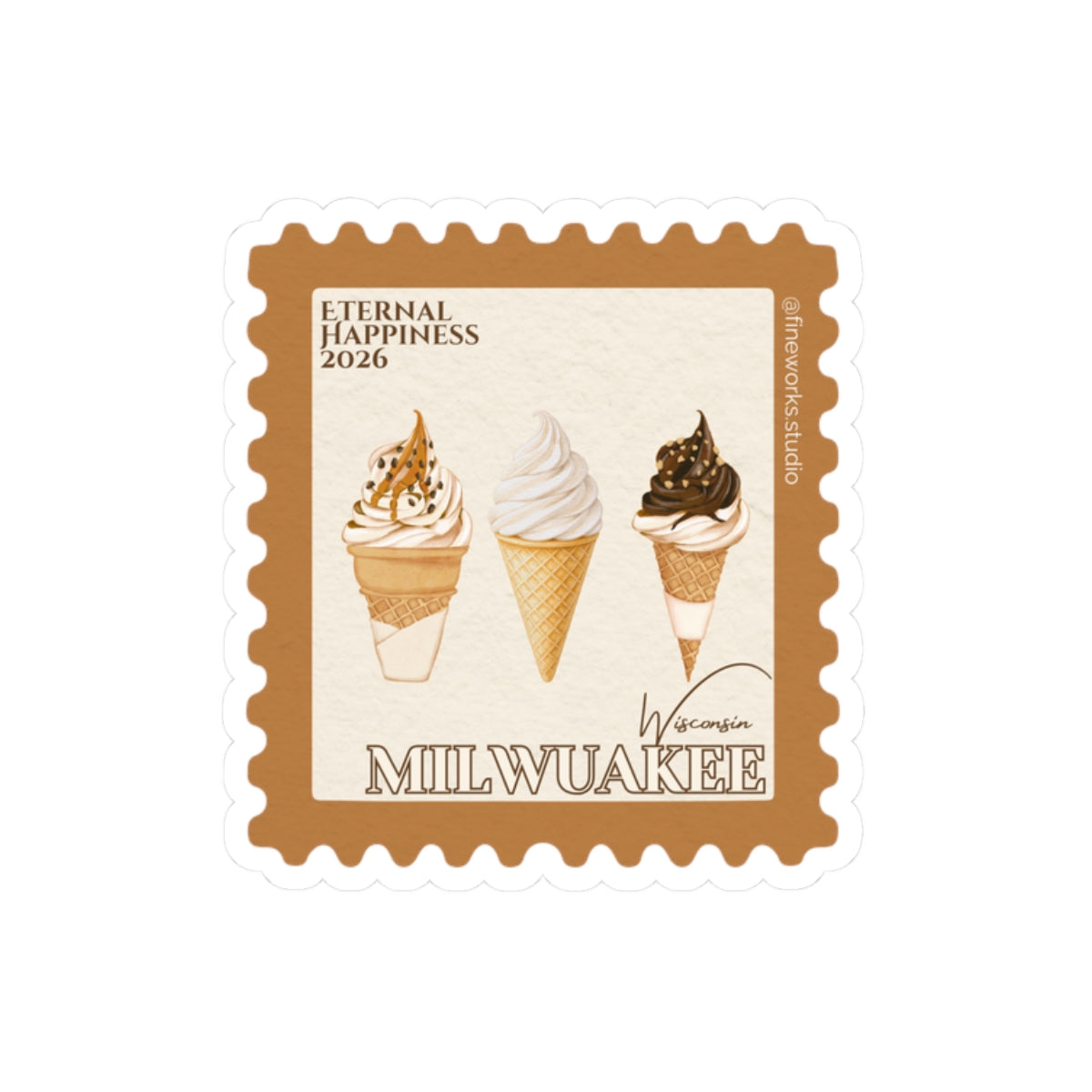 Stylized stamp with ice cream cones and 'Eternal Happiness 2026' and Milwaukee text on a white background