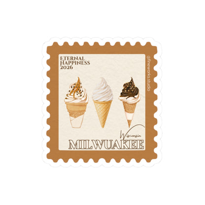 Stylized stamp with ice cream cones and 'Eternal Happiness 2026' and Milwaukee text on a white background