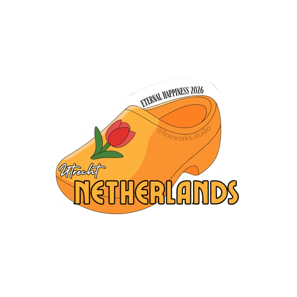 sticker illustration of a wooden clog and 'Netherlands' and eternal happiness text on a white background