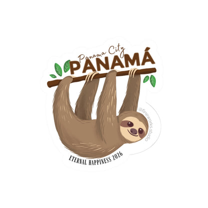 Illustration of a sloth hanging from a branch with 'Panama City PANAMA' text on a white background