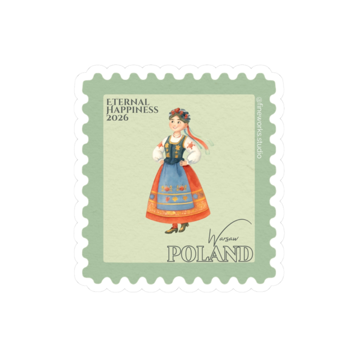 Stylized postage stamp with a person in traditional Polish attire and 'Warsaw Poland' and Eternal Happiness text on a light green background