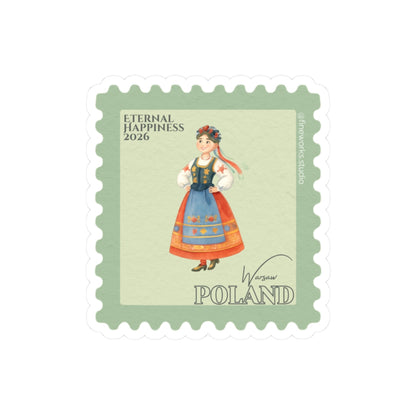 Stylized postage stamp with a person in traditional Polish attire and 'Warsaw Poland' and Eternal Happiness text on a light green background
