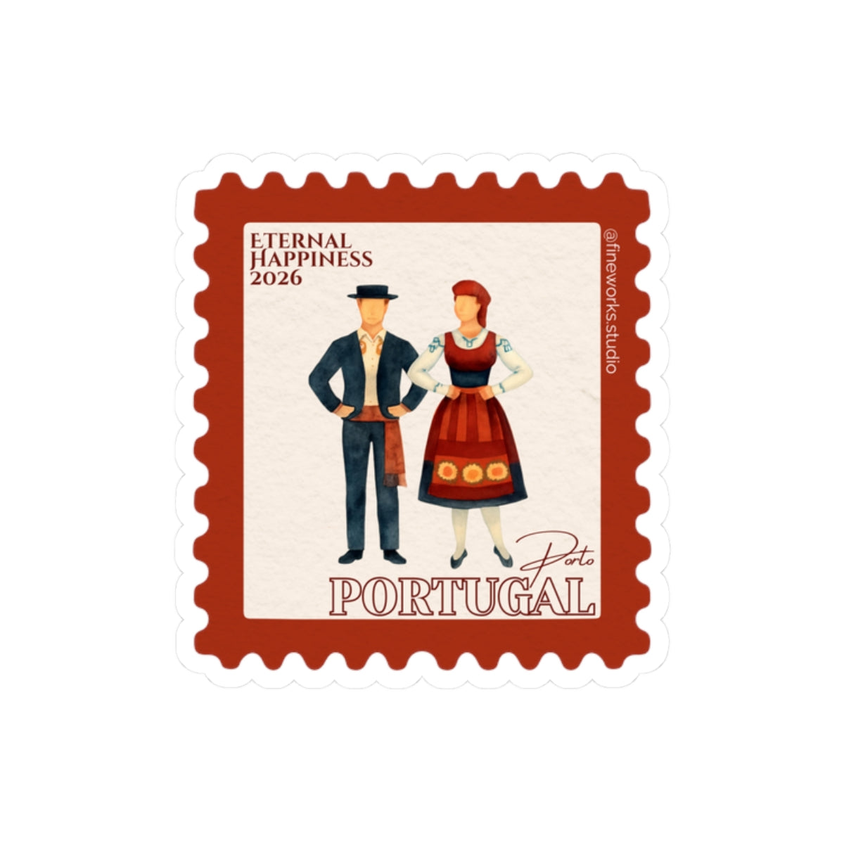 Design of a postage stamp with traditional Portuguese attire and 'Eternal Happiness 2026' text.