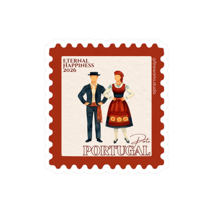 Design of a postage stamp with traditional Portuguese attire and 'Eternal Happiness 2026' text.