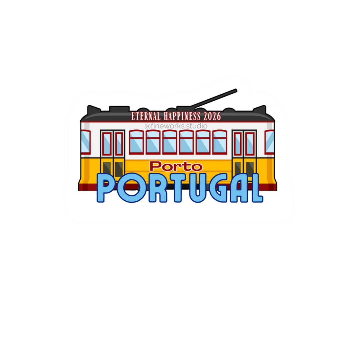 Tram design with 'Porto Portugal' text on a white background