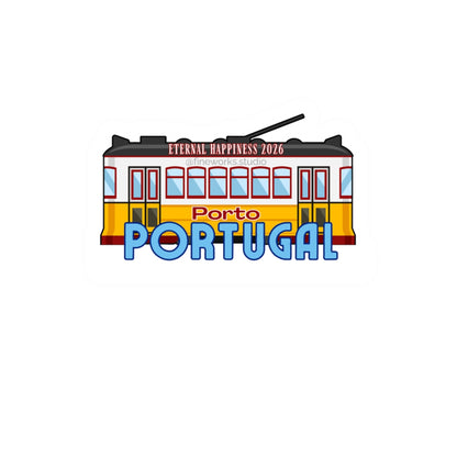 Tram design with 'Porto Portugal' text on a white background