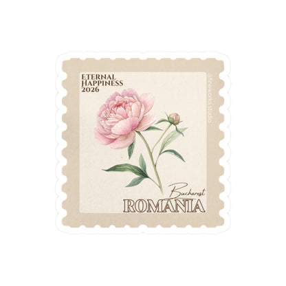 Stylized postage stamp with a pink flower, 'Eternal Happiness 2026', and 'Bucharest Romania' text on a beige background.