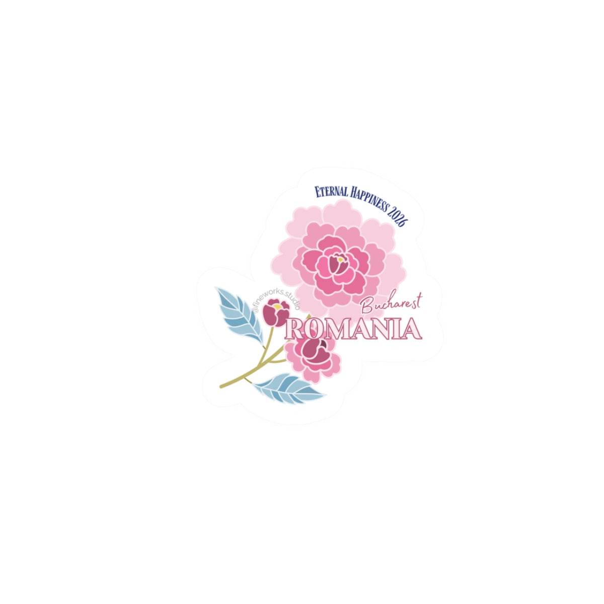 colorful sticker with the image of a pink peony and the text eternal happiness 2026 and romania on a white background